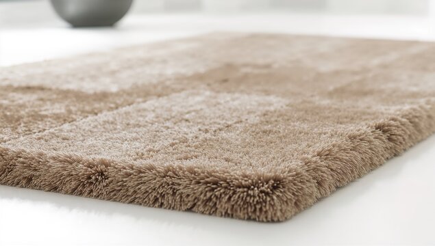 A contemporary rectangular light brown high pile rug against a white backdrop, ideal for modern interior design