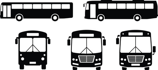 Bus silhouette icons, side view and front view, public transport vehicle illustration, black graphic design, transportation clipart, commuter bus template, urban travel symbol