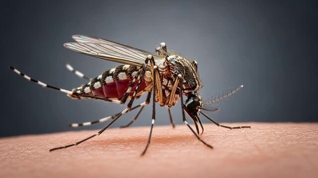 Macro Footage of Mosquito Biting Human Skin and Sucking Blood Close Up Detailed Insect View