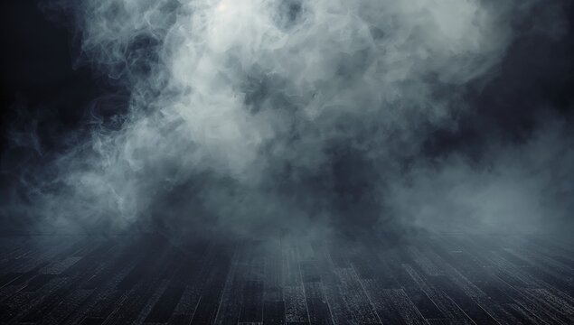 A dense fog enveloping a forested area, creating a mysterious atmosphere for visual storytelling