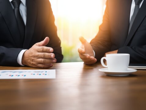 business goal revenue target audience. Business professionals engaging in discussion over coffee at a table.