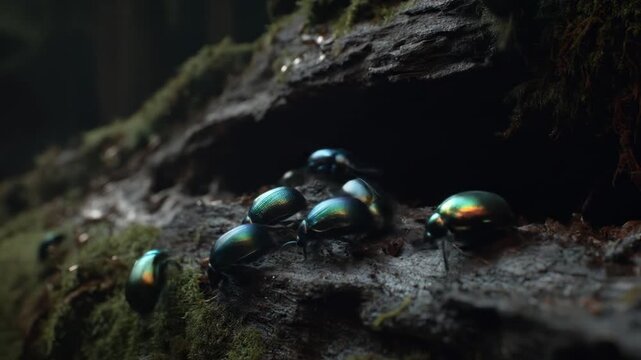 Close-up of beetles with iridescent shells resting on a mossy log in a dimly lit forest