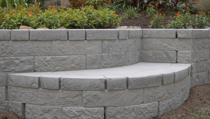 Fototapeta premium Close-up of a two-level retaining wall made from gray concrete blocks in a new build
