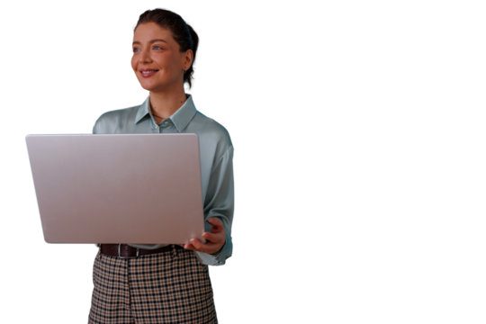 Confident businesswoman smiling and holding a laptop, representing success, technology, and professional growth