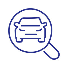 Magnifying glass focused on a car, representing inspection or search for a vehicle.