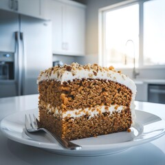 Rustic carrot cake slice with cream cheese frosting and walnuts