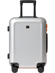 Obraz premium Modern silver carry-on suitcase with wheels isolated on white background, perfect for travel and lifestyle design.