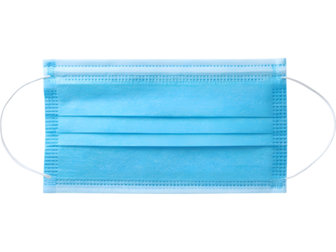 Blue disposable protective medical mask isolated on white background, symbolizing health, hygiene, and safety. - Powered by Adobe