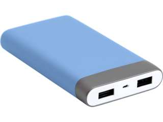 Minimal power bank with USB ports isolated on white background, symbolizing modern charging and technology.