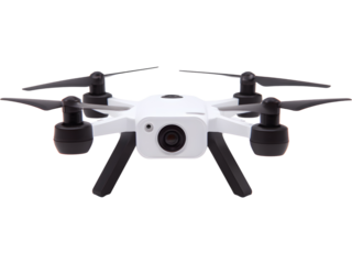 Modern white drone quadcopter with camera isolated on white background, perfect for technology and aerial photography visuals.