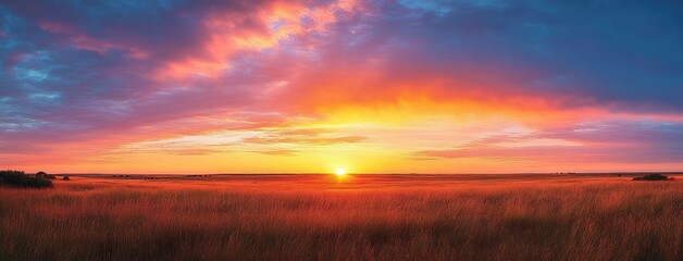 Vibrant sunset over vast open fields of tall grass under a colorful sky with dramatic clouds creating a peaceful and awe-inspiring atmosphere