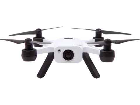 Modern white drone quadcopter with camera isolated on white background, perfect for technology and aerial photography visuals.