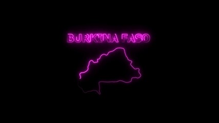 Burkina Faso map and name in glowing purple neon outline on black background country Africa