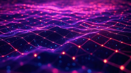 Glowing neon grid forming a dynamic wave pattern over a dark surface with bright red and purple highlights conveying a futuristic digital landscape
