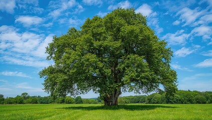 Obraz premium A tall ancient oak stands proudly in a lush meadow beneath a sunny sky dotted with clouds