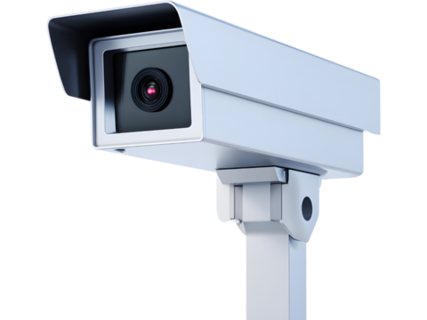 White modern surveillance camera isolated on white background, representing security, monitoring, and technology.