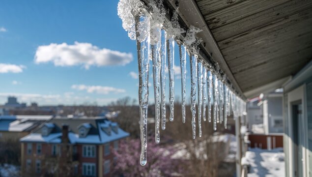 Icicles suspended from a roof during the onset of spring, seasonal change