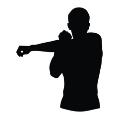 Silhouette of a man stretching his arm across his chest on white