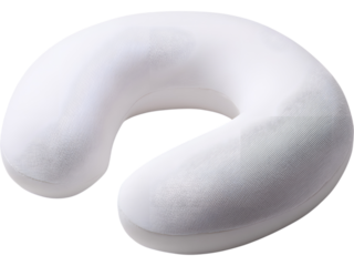 Soft white memory foam travel pillow isolated on white background, symbolizing comfort and relaxation during travel.