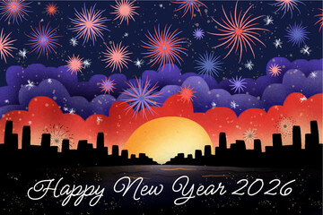 Happy New Year 2026 Fireworks with City Skyline Silhouette