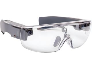 Futuristic AR smart glasses isolated on white background, symbolizing innovation, augmented reality, and wearable technology.