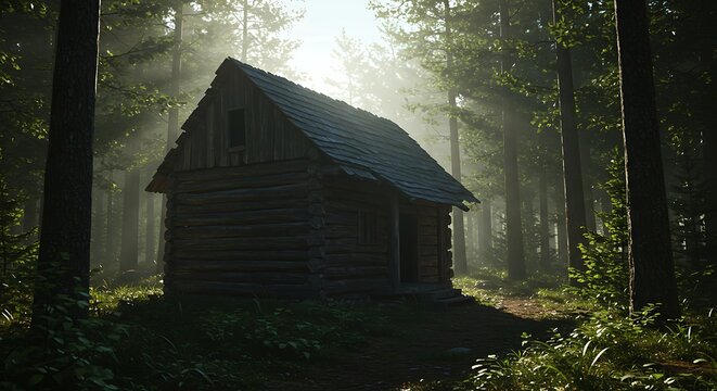 Secluded log cabin hidden deep within a sunlit misty forest. - Powered by Adobe