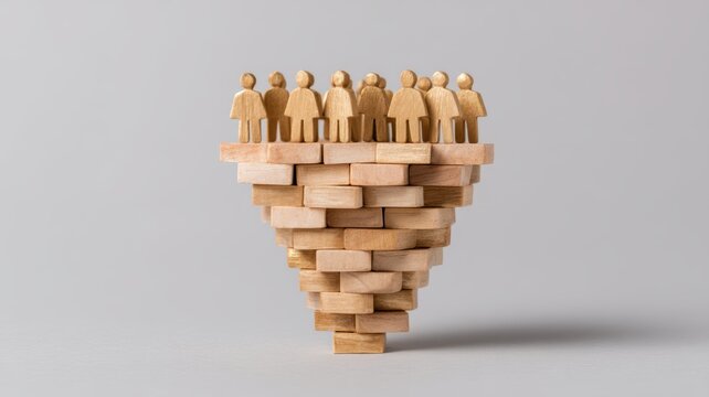 business goal revenue target audience. Wooden figures arranged on a spiral base, symbolizing teamwork and unity.