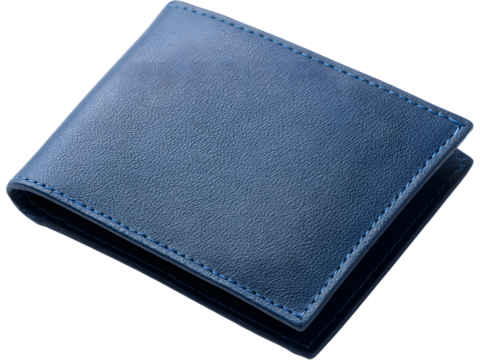 Blue RFID-protected wallet isolated on white background, symbolizing security, modern lifestyle, and stylish functionality.