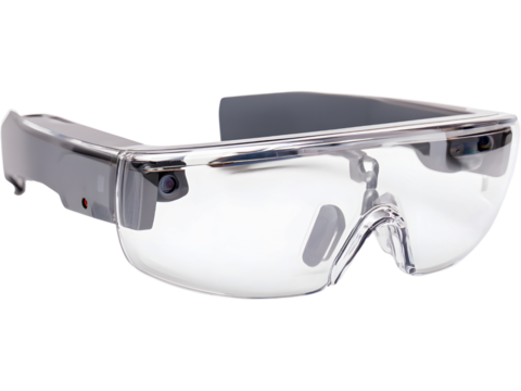 Futuristic AR smart glasses isolated on white background, symbolizing innovation, augmented reality, and wearable technology.