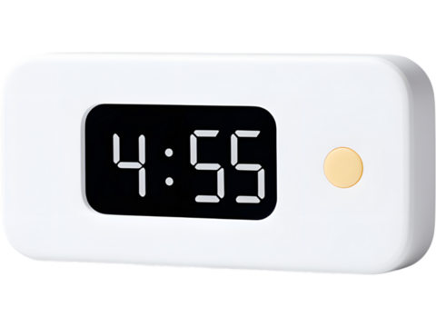 Modern white digital alarm clock with LED screen isolated on white background, ideal for minimalist lifestyle visuals.