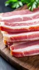 Obraz premium Delicately arranged fresh bacon strips on a rustic wooden board with a dark backdrop, showcasing the artistry of butchery