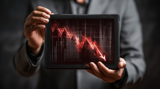 Businessman Holding Tablet with Downward Trend Graph Showing Market Decline and Financial Loss in Dark Background for Economic Analysis or Investment Strategy