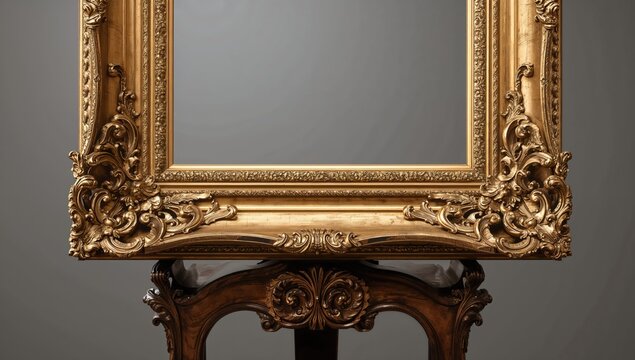 Antique gold frame on a decorative carved wood stand, ideal for elegant display