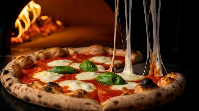 Delicious neapolitan margherita pizza from wood fired oven with melting mozzarella cheese pull