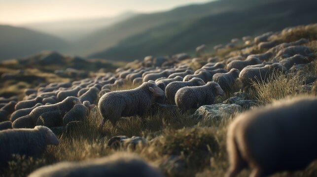 A serene scene of a large flock of sheep grazing in a sunlit meadow with detailed textures and rolling hills - Powered by Adobe
