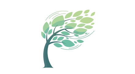 Stylized illustration of a tree with leaves blowing in the wind, symbolizing nature's movement and change