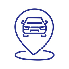 Modern car icon within a location pin, symbolizing navigation and vehicle tracking.