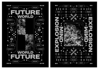 Collection retro futuristic poster. System evolution and digital explosion graphics in brutalist halftone texture. Sci-fi typography and bitmap glitch effect. Vector set