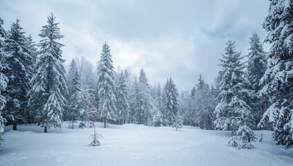 Fototapeta premium Snow-Covered Spruce Woods on a Chilly Morning. Stunning Winter Landscape