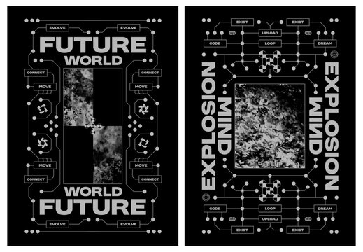 Collection retro futuristic poster. System evolution and digital explosion graphics in brutalist halftone texture. Sci-fi typography and bitmap glitch effect. Vector set