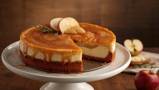Homemade caramel apple pie cheesecake, rich in flavors with sweet cheese and caramelized apples