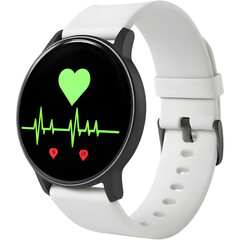White modern smartwatch with heart rate monitor isolated on white background, symbolizing health tracking and innovation.