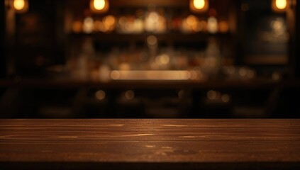 Blurred background of a bar with a dark wooden desk area, suitable for editorial header background