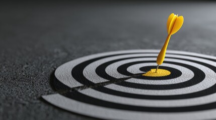 Yellow Dart Hitting Center of Black and White Target on Dark Surface Representing Focus, Precision, Achievement, Success, and Goal Setting in Business or Life
