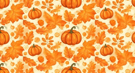 Seamless Pattern of Orange Pumpkins and Autumn Leaves.