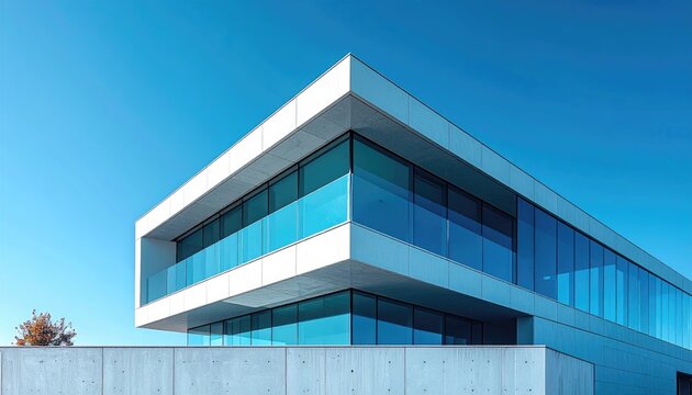 Minimalist modern building with glass facade, blue sky, clean lines, architecture 