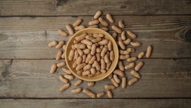 Top view of a bowl filled with uncooked peanuts placed on a wooden table