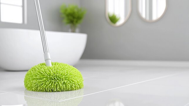 Vibrant green mop resting on pristine white floor in a serene bathroom setting with inviting bathtub and reflective mirrors