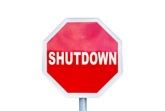 Red Stop sign with the text Shutdown isolated on white or transparent background, US government shutdown concept