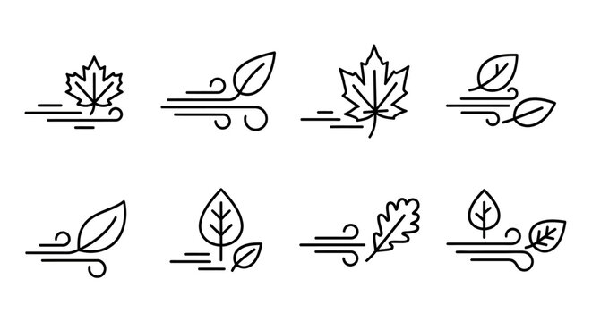 Set of stylized leaf and wind icons for natural weather and seasonal themes